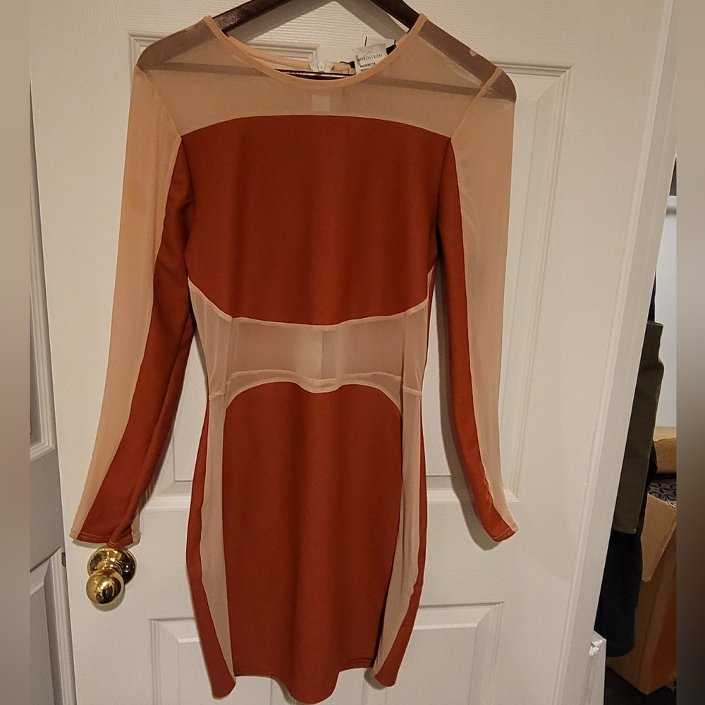 Nordstrom Nude Red mesh long sleeve dress NWT